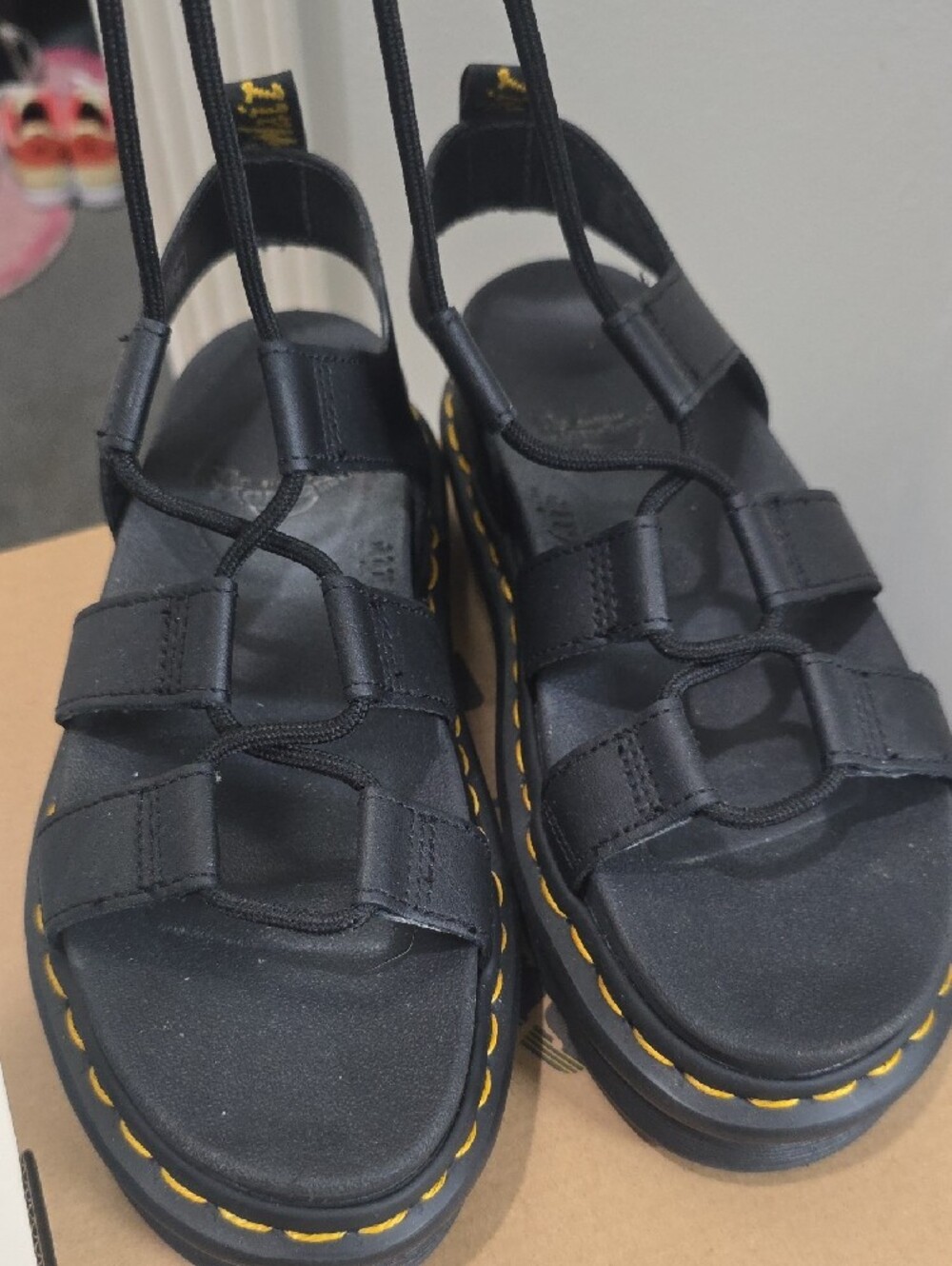 Dr. Martens Black Lace Up Platform Gladiator Sandals with Yellow Stitching - Picture 3 of 6